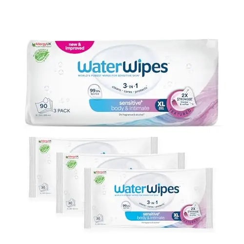 WaterWipes Sensitive+ Body & Intimate Wipes, Körper & Intimbereich, 90 Tücher (8 Packungen), 3-in-1-Reinigung, Pflege, Schutz, 99,9% Wasser, parfümfrei, Feuchttücher für die Erwachsenenpflege