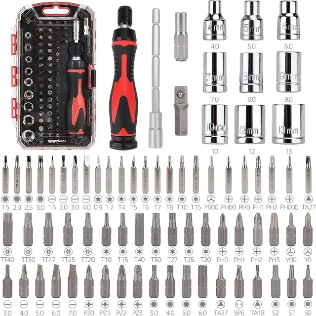 Amazon Basics Ratschenschlüssel magnetisch und PräzisionsSchraubendreher für Elektronik, 73 stück, 1er-Pack, Schwarz/Silber/Rot