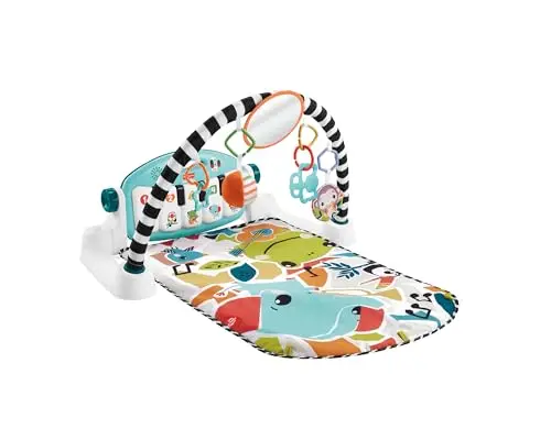 Fisher-Price Kontrast Kick & Play Pianospieldecke für Babys, Spielspaß Pianospieldecke, tragbares Musikspielzeug mit Smart-Stages-Lerninhalten, ab 0 Monaten, blau, französische Version, HWY56