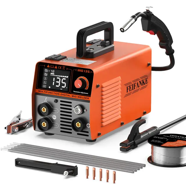 FEIFANKE MIG135 Fülldraht Schweißgerät Ohne Gas 135A 230V Synergie Elektroden Schweißgerät 3 in 1 MIG/ARC/Lift TIG IGBT Inverter Schweissgerät Mit 1.0mm Draht,MIG Schweißpistole