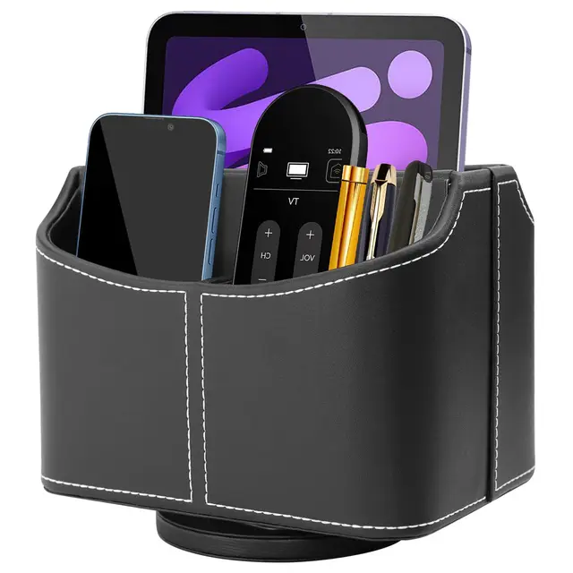 Schreibtisch Organizer,360° Rotierende Große Kapazitätstifte Schreibtisch Stiftehalter mit 5 Fächern,PU Leder Fernbedienungshalter,Büro Aufbewahrungsbox,Schwarz