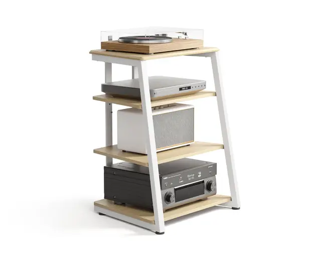 FITUEYES Design HiFi Rack aus Holz & Stahl, Plattenspieler Tisch mit verstellbaren Ablage, HiFi Regal für Plattenspieler & Stereoanlagen & Kompaktanlage, 61 x 52 x 78 cm