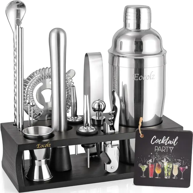 Cocktail Shaker Set mit Bambus Ständer & Rezeptbuch, Edelstahl 750ml Bar Cocktailset Cocktailshaker mit Bar Zubehör Werkzeug,17 Stück Cocktail Mix Set für Barkeeper Geschenk Frauen (Schwarz Silber)