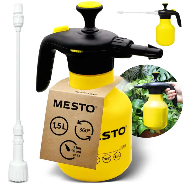 Mesto BUGSI 360° Drucksprüher 1,5L Set inkl. MESTO Verlängerungsrohr 27cm | Sprühflasche für Garten & Pflanzen | Pumpsprühflasche | Sprühgerät mit 2 in 1 Ventil | Pflanzensprüher | Verstellbare Düse