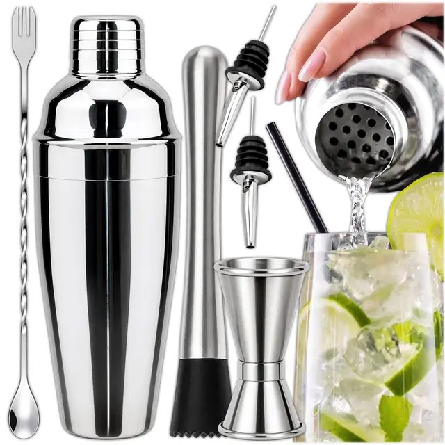KRUMAD Cocktail Shaker Set 6 Teiliges, Edelstahl Shaker 750 ml mit Messbecher, Cocktail Set für Drinks, Barkeeper Set, Barset Mix Zubehör, Geschenk, Home Bar, Für Martini, Margarita
