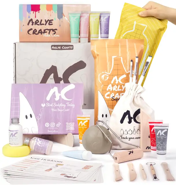 Töpferset für Zuhause ohne Brennen – 2 kg lufttrocknender Ton mit Acrylfarben Set, Werkzeug & Anleitung – DIY Keramik Bastelset für Anfänger, Kinder & Erwachsene Geschenk