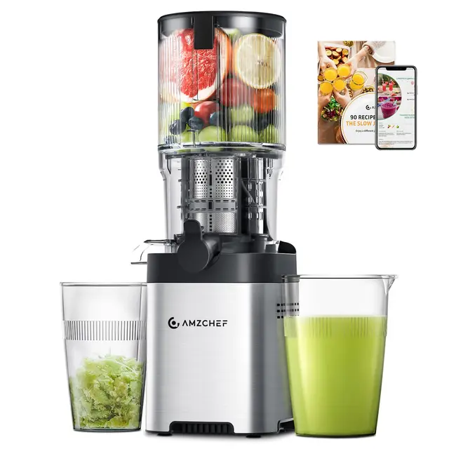 AMZCHEF Entsafter Slow Juicer 136 mm – Saftpresse Elektrisch für Gemüse & Obst – Cold Press Juicer mit 2 Filtern – Leise & Leicht zu Reinigen - Silber