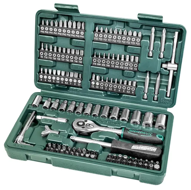 Brüder Mannesmann Steckschlüssel- und Bitsatz, 130-teilig - Werkzeugkoffer mit Ratsche, Schraubendreher, Sechskantschlüssel, Stecknüssen & 100 Bits - aus Chrom-Vanadium-Stahl | M29166