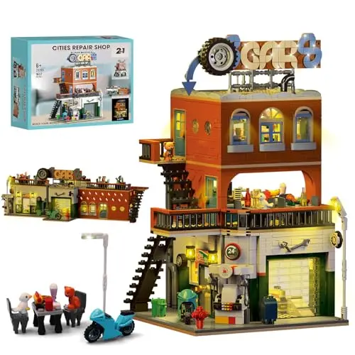 2 IN 1 City Friends Reparatur Werkstatt Haus Bauspielzeug mit LED Licht, Baubar In 2 Häuser Set, mit Autowerkstatt, Restaurant, Gemischtwarenladen, Geschenke für Erwachsene, Jungen 8+ Jahre,1637 PCS