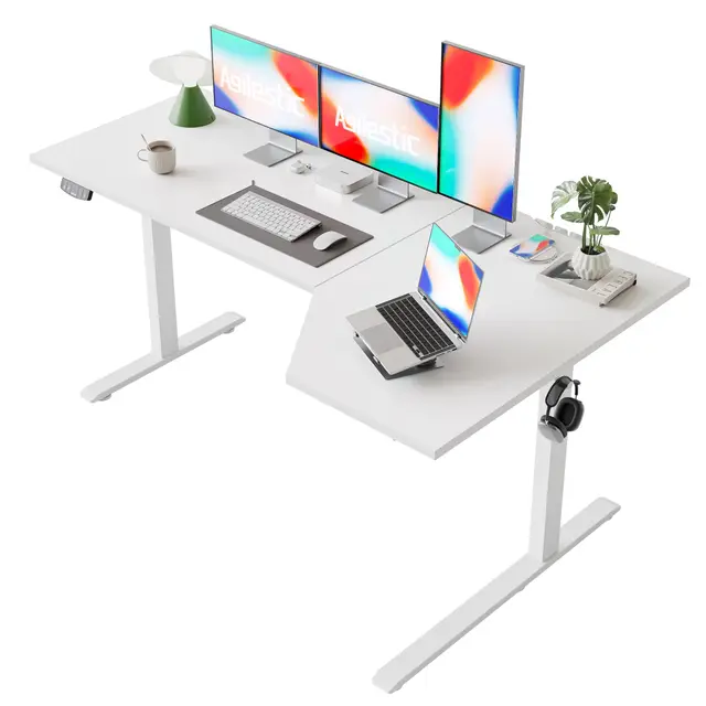 Agilestic Elektrischer Stehschreibtisch, L-förmiger 160 cm höhenverstellbarer Schreibtisch, Sitz- und Stehtisch für Home Office, ergonomischer aufsteigender Computertisch mit Splice Board, Weiß