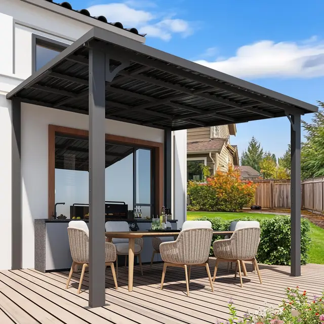 UNIONLINE 3x3m Gartenpavillon, Hochwertiger Wandmontierter Leaning-to Metall-Pergola, Verzinkter Stahl Terrassendach & Metallmarkise für Terrasse, Schwarz, Stahlblechdach