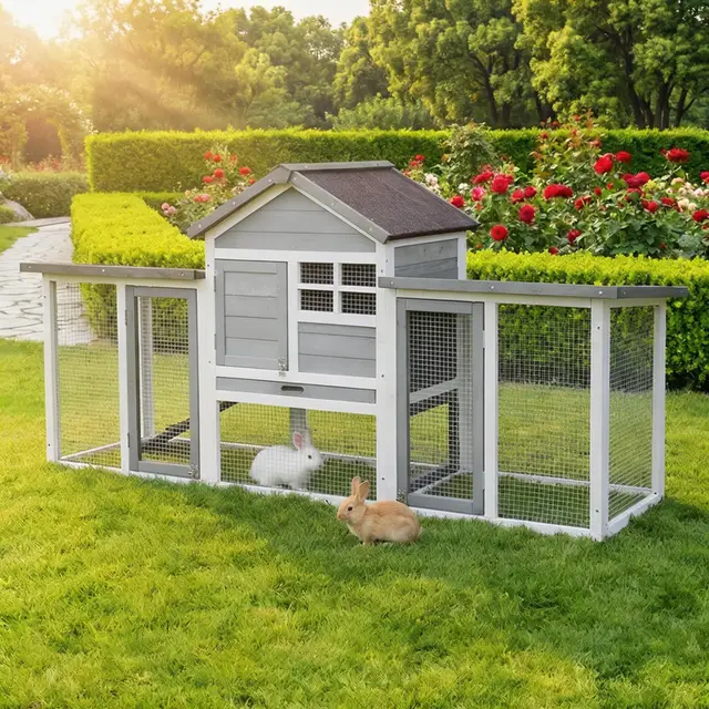 Miweba MyAnimal Hasenstall MH-31 | 181x60x95 cm - Kaninchenstall mit Freilaufgehege - Hasenkäfig - Kleintierkäfig - Holz imprägniert - Kaninchenkäfig Winterfest - Käfig - Hasenhaus (Grau/Weiß)