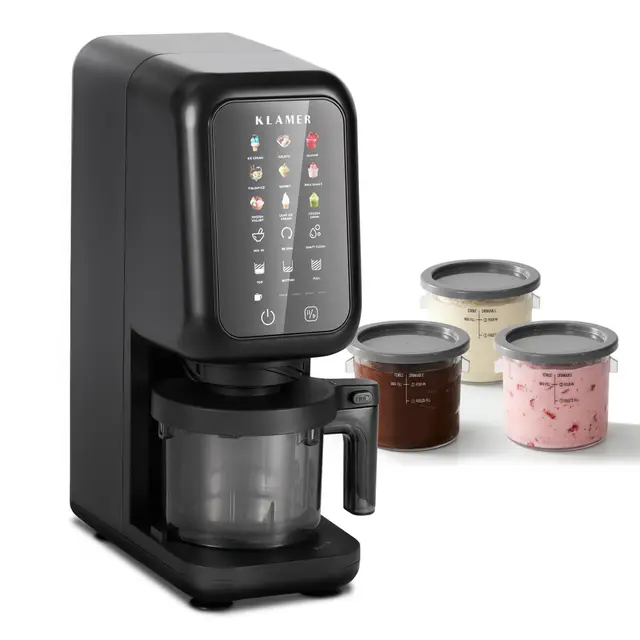KLAMER Eismaschine, 12 Programme für Eiscreme, Gelato, Sorbet, Frozen Yogurt, Slushie & Milkshake, Micro-Püree-Prinzip für cremige Textur, 700W Speiseeismaschine, Inkl. 3 Portionsbecher