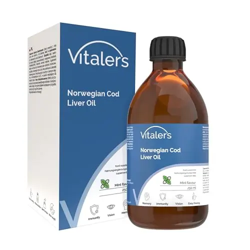 Vitaler’s Omega-3 Lebertran, norwegisches Fischöl 1250 mg, EPA, DHA, Vitamine D und E, Minzgeschmack, 250 ml
