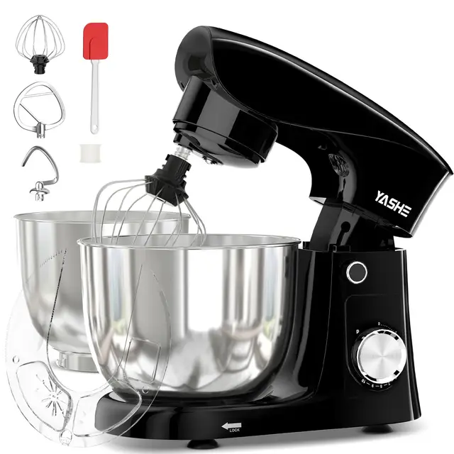 YASHE Küchenmaschine 1500W, 4,5 + 5L Edelstahlschüsseln, 10+P Geschwindigkeiten, Kippkopf, mit Knethaken, Rührbesen und Schneebesen, Multifunktionale Küchenmaschine, Schwarz