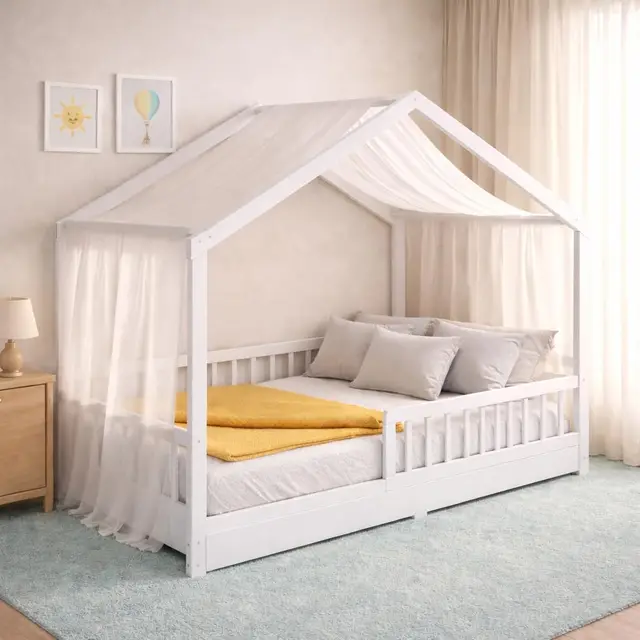 CADANI Malte Kinderbett 90x200 cm – Hausbett mit abnehmbarem Rausfallschutz, bis 200 kg belastbar, Roll-Lattenrost, Montessori Bodenbett aus Massivholz Kiefer, Weiß