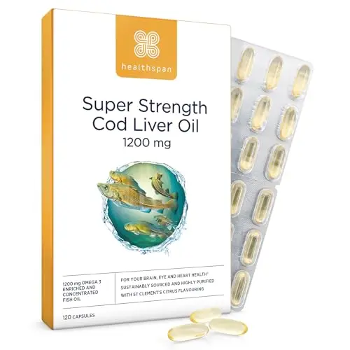Healthspan Super Strength Lebertran 1.200mg | Unterstützt Herz-, Gehirn- und Augengesundheit | Zusatz von Vitamin A, D3 und Kalzium | Reich an Omega-3-Fettsäuren DHA & EPA | Nachhaltig | 120 Kapseln
