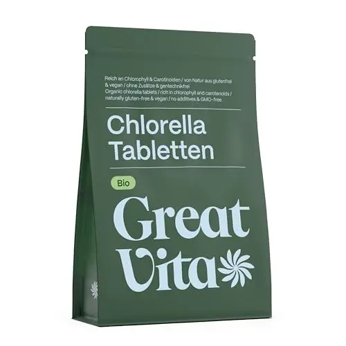 GreatVita Bio Chlorella Tabletten ca. 800 Stück - 500 mg | 400g reine Algen-Presslinge, ohne Zusätze | Vegan & Nachhaltig verpackt | Reich an Chlorophyll & Carotinoiden