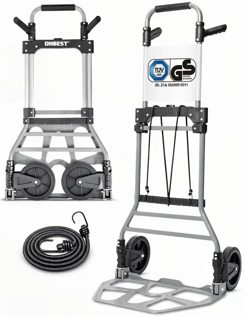 ONBEST Sackkarre klappbar 150 kg – Geprüfte Qualität, Vollgummireifen, 110 cm Griff, große Ladefläche – Faltbare Transportkarre/Trolley mit Rollen inkl. 150 cm Gurt – Umzugshelfer & Transporthilfe