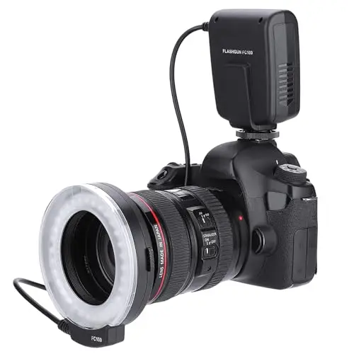 VBESTLIFE FC-100 Makro Universal LED Blitzring, Studiofotografielicht 5000K Einstellbar auf 7 Stufen mit Adapterring 40,5 mm / 52 mm / 55 mm / 58 mm / 62 mm / 67 mm / 72 mm / 77 mm