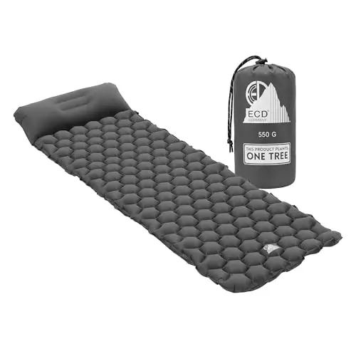 ECD Germany Isomatte Camping, Campingmatte aufblasbar, Luftmatratze Outdoor, Schlafmatte mit integriertem Kopfkissen, Ultraleicht, Kompakt, Faltbare Matratze für Camping Wandern Reisen Zelt, Grün/Grau