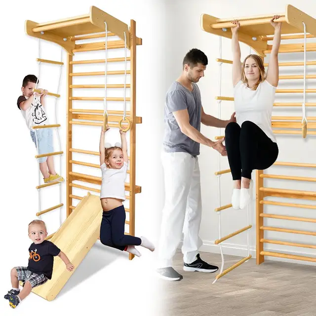 Sprossenwand Holz Turnwand Kletterwand Indoor, Klettergerüst für Kinder & Erwachsene, Multifunktional Fitness Sportgeräte inkl. Montagezubehör, 215x82x6cm Birkenholz