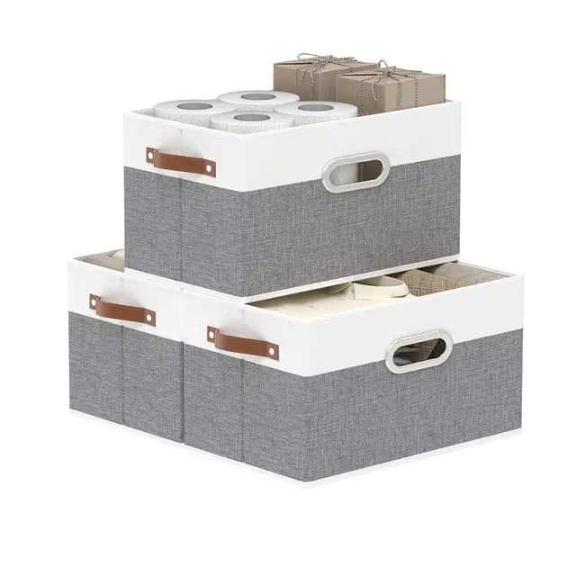 Yawinhe 3 Stück Aufbewahrungsbox aus Stoff, Faltbare Aufbewahrungskörben mit Griffen, Waschbare, für Schlafzimmer, Kleideraufbewahrung, 33x23x20cm, Weiß/Grau, SNK030WGXS