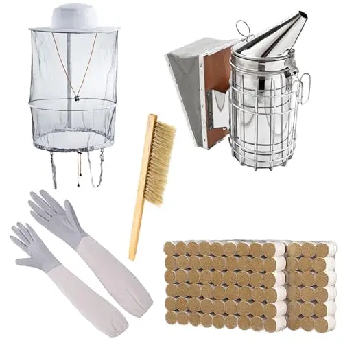 ZffXH Imkerwerkzeugsatz, 5 Bienenstock Raucher, 108 Räucherkugeln, Ziegenlederhandschuhe Größe XL, Imkerhut,Pinsel, Imkerzubehör für den Imkerbedarf, Starterkit