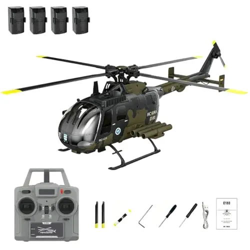 C180 BO105 RC Helikopter mit 6-Achsen-Gyroskop, 2.4GHz 6-Kanal Brushless RC Hubschrauber mit barometrischer + TOF-LiDAR-Höhenstabilisierung und optischer Flusspositionierung (Tarnung/4 Batterie)