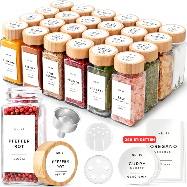 EDELHAUS Gewürzgläser Eckig Set mit Bambusdeckel 24 x 120 ml
