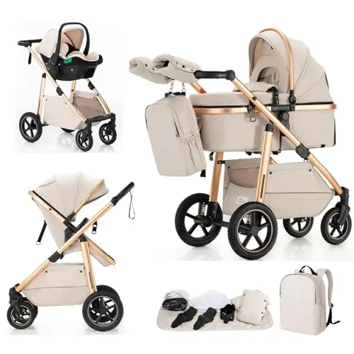 Kinderwagen 3 in 1, Kinderwagen & Buggys mit Autositz mit verstellbarem Griff, Kinderwagen mit Feststellbaren Vorderrädern, für 22 kg, 0-4 Jahre(Beige)