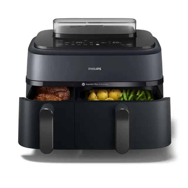 Philips Steam Airfryer 5000 Series Dual Basket Heißluftfritteuse mit Dampfgar-Funktion & 2 Körben – Steam, Airfry, SteamFry, 9L (3L+6L), RapidAir Plus, automatische Dampfreinigung (NA550/00)