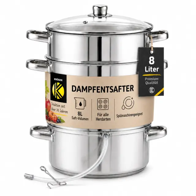 Krüger Edelstahl-Frucht-Entsafter 26cm - schonendes Entsaften von Obst und Gemüse - nach Dampfentsafter-Prinzip - Gewinnung von naturreinem Fruchtsaft & Fruchtzucker