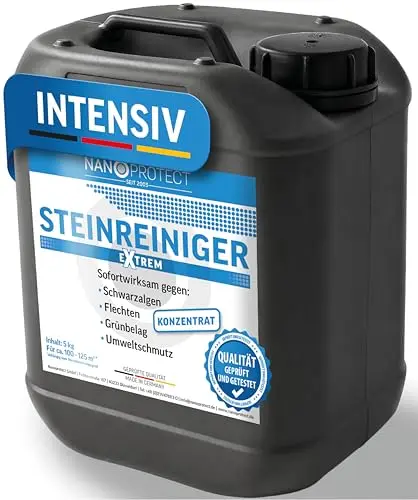 Nanoprotect Steinreiniger Extrem | 5 kg | Wirkt sofort gegen Schwarzalgen, Flechten & Grünbelag | Reinigt & desinfiziert ca. 125 m² | Terrasse, Pflasterstein, Beton, Fassade, Dach | Fassadenreiniger