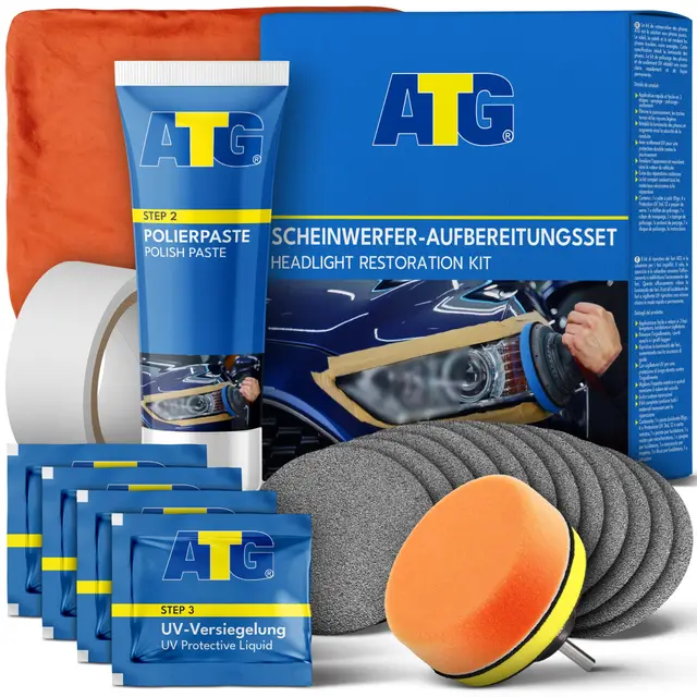 ATG® Scheinwerfer Aufbereitung Set – Headlight Restoration Kit für matte & blinde Kunststoff‑Scheinwerfer – komplettes Polierset mit Schleifpapieren, Polierpaste & UV‑Versiegelung für klare Sicht