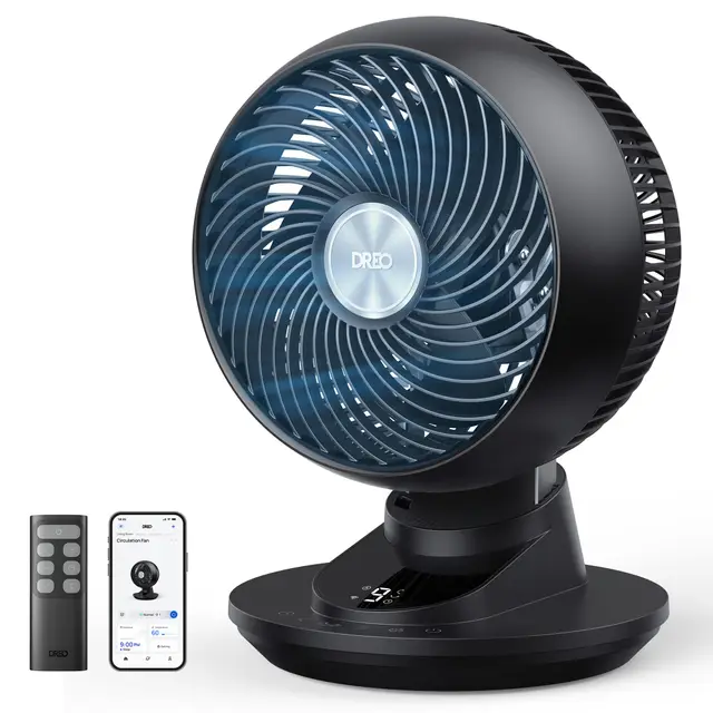 DREO 3D-Oszillierender Tischventilator für Schlafzimmer, 8,8 m/s starker Luftstrom, 22 dB leise, 90° Oszillation, App- & Sprachsteuerung, 9 Stufen, 8/12h Timer für Zuhause & Büro