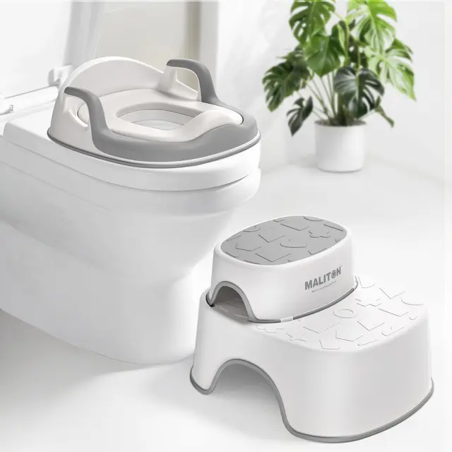 Maliton Toilettensitz Kinder mit 2-stufiger Tritthocker für Kinder 1-8 Jahren, Kindertoilettenkorb mit weichem Sitzring, Rutschfestes Design, Spritzschutz, Weiß-grau