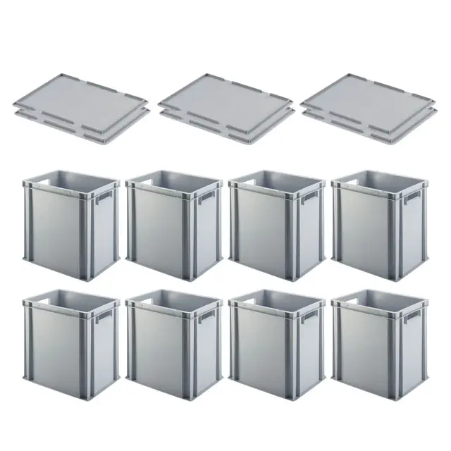 PROREGAL SuperSparSet 4x Eurobehälter mit offenem Griff & Auflagedeckel | HxBxT 40x30x40cm | 37 Liter | Grau | Eurobehälter Transportbox Transportbehälter Stapelbehälter