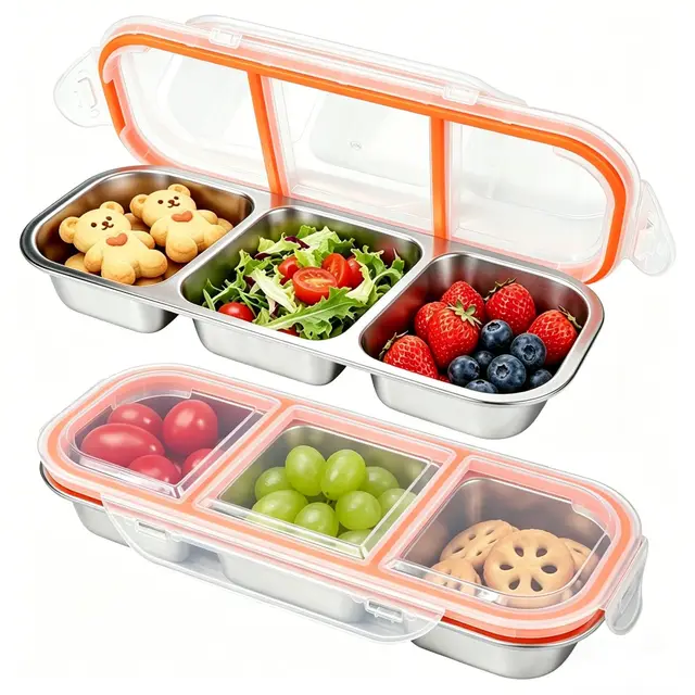 2 Stück Snackbox mit Fächern Edelstahl, Leckdichte Snackdose mit 3 Fächern, Bento Box Edelstahl Snack Boxen mit Deckel für Süßigkeiten Gewürze Nüsse Keksen, geeignet für Schule Arbeit Camping