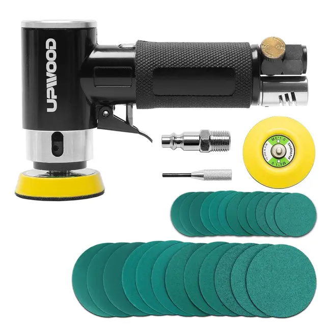 Mini Druckluft-Exzenterschleifer Set mit 2" (50 mm) und 3" (75 mm) Schleiftellern, Kompakter Pneumatischer Schleifer mit 24 Grünen Schleifscheiben, Ideal für Auto, Holz und Metall