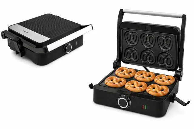 Syntrox SM-1000W Toledo Mini Brezel Maker elektrisch – kleine Laugenbrezeln selbst backen – Antihaft Mini Brezelplatten – kompakter Snack Maker
