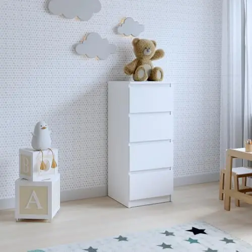 Kommode mit 4 Schubladen | Weiß 40 cm Ideal für Schlafzimmer, Wohnzimmer, Kinderzimmer und Büro | Geräumige Kommode| Modernes Design | 40 x 97 x 40 cm