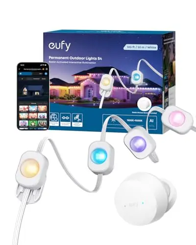 eufy Festinstallierte Outdoor-Lichterkette S4 – 30 m mit 72 LEDs, Radaraktivierte Beleuchtung, IP67 wasserdicht, KI-Stimmungslicht, Steuerung mit eufy-Kameras, Smart-RGBWW für Alltag & Feiertage