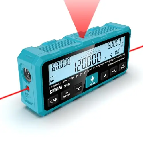 Kiprim 120m Dual Laser Entfernungsmesser DR120 mit Bidirektionaler Laserausstrahlung, Vertikaler Laser-Markierungslinie und Elektronischer Wasserwaage, Messung in Metern, Fuß und Zoll