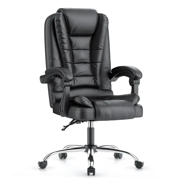 naspaluro Ergonomischer Bürostuhl, Schreibtischstuhl mit Hoher Rückenlehne und Höhenverstellbar, PU Leder Drehstuhl, Chefsessel, Liegestuhl für Büro, Zuhause, Tiefschwarz