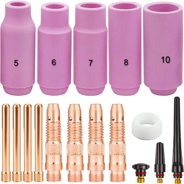 Wig Schweißzubehör Verschleißteile Set für WP-26 Wig-Schweißbrenner, Wig Gaslinse zubehör Spannhülsen + Gehäuse + Keramikdüsen + hintere Kappe + Dichtung (17 Stück)