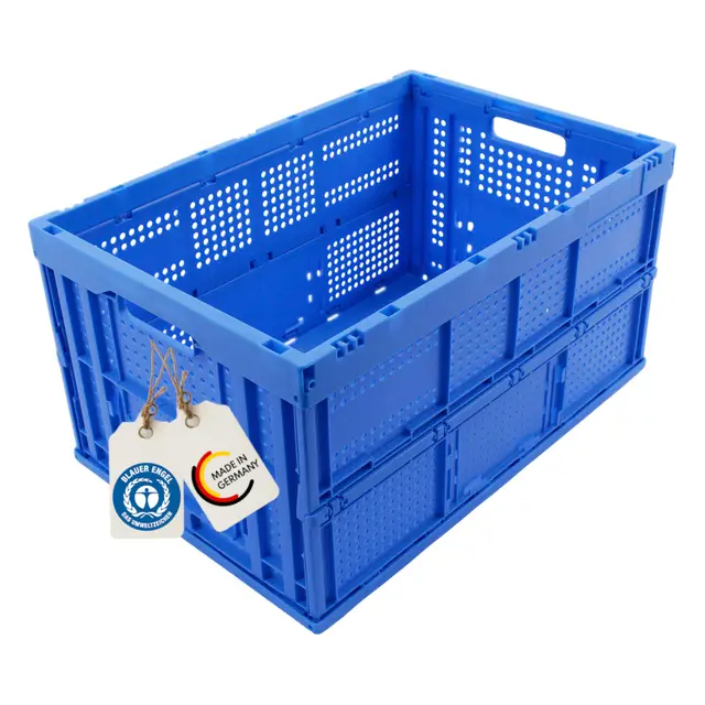Klappbox faltbar stabil, Einkaufsbox klappbar, Transportbox 60L groß, Made in Germany, TÜV, verstärkter Boden, 60x40x32 cm, Blau