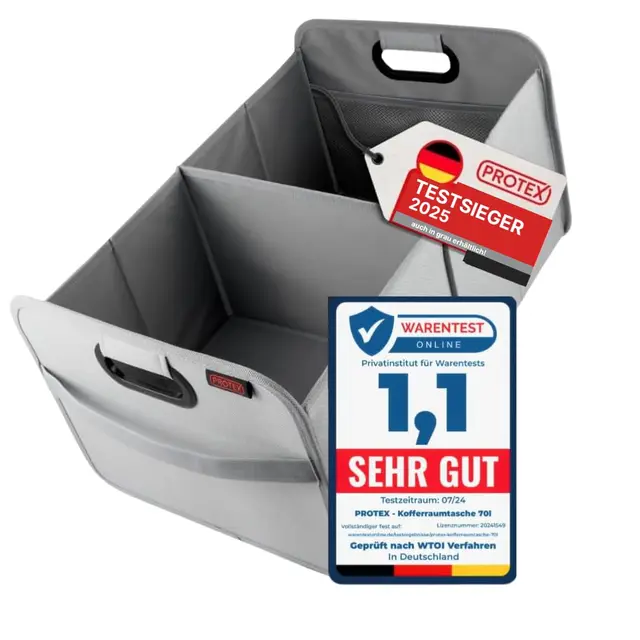 PROTEX Kofferraum Organizer [Testsieger 2025] 44L Auto Kofferraumtasche | Organizer Auto | Faltbare, stabile und wasserdichte Kofferraumtasche (grau)