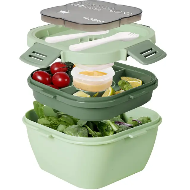 Greentainer Salatbehälter mit unterteilung fächern,Lunchbox mit Besteck für Erwachsene und Kinder,Salat Box to go,Bento Box für Schule,Arbeit,Picknick,Reisen, Auslaufsicher Brotzeitbox |1700ml,Grün