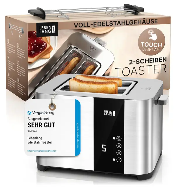 LEBENLANG Edelstahl Toaster mit Brötchenaufsatz 2 Scheiben - Touchscreen LED Display & 7 Stufen I 850W 2er Toster mit Display I Für Küche Haushalt & Camping Campingtoaster I Bread Toasters